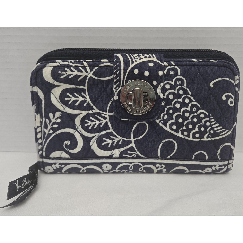 Vera Bradley Twirly Birds Navy Turn Lock Wallet Zip Around Multi-Pocket Retired